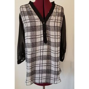 Sheer Black & White Plaid V-Neck Blouse, Maurices, Size Medium